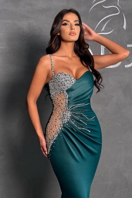 Magnifique robe de bal sirène vert foncé avec perles scintillantes_2