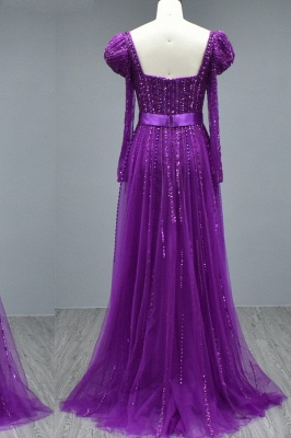 Purple Square neck Tulle Prom Dress with Belt_2