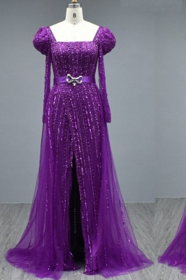 Фиолетовое платье для выпускного из тюля с квадратным вырезом и поясом