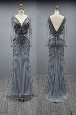 Long sleeves Blue Deep V-neck V-back Prom Dress_1
