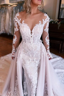 Langärmliges Meerjungfrauen-Brautkleid mit Überrock_2