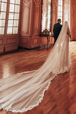 Long sleeves v-neck lace a-line satin wedding dress_6