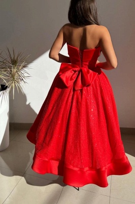 Red Strapless Solid Satin Ball gown Prom Dress_2