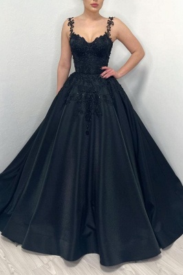 Black Ball gown Puffy Evening Dress with Straps_1