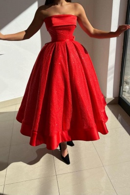 Red Strapless Solid Satin Ball gown Prom Dress_3