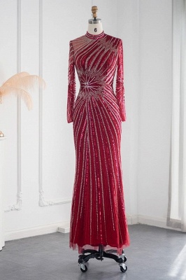 Элегантные вечерние платья русалки с высоким воротником и длинными рукавами, украшенные бисером и кристаллами_11