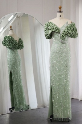 Luxuriöses, schulterfreies Abendkleid aus Dubai im Meerjungfrau-Stil in Salbei, Seitenschlitz, Glitzer-Perlen-Partykleid_1