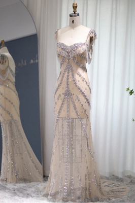 Luxuriöses, herzförmiges, mit Perlen besetztes Meerjungfrau-Partykleid mit Quasten, Dubai-Abendkleid_3