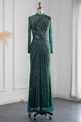 Элегантные вечерние платья русалки с высоким воротником и длинными рукавами, украшенные бисером и кристаллами_16