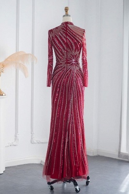 Элегантные вечерние платья русалки с высоким воротником и длинными рукавами, украшенные бисером и кристаллами_12