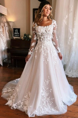 Square neck long sleeves a-line lace wedding dress