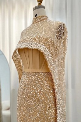 Gorgeous Champagne Cape Sleeves Mermaid Evening Dress Dubai See-through Pearls Party Dress_8