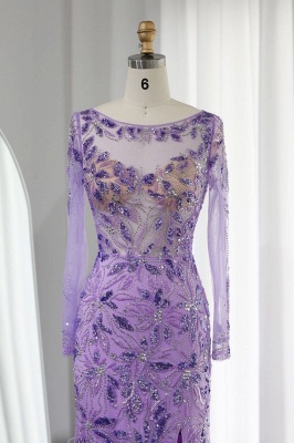 Elegant Scoop Neck Long Sleeves Front Slit Evening Dress Glitter Sequins Flower Fur Floor-Length Wedding Party Dress_10