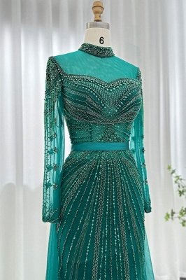 Gorgeous High Neck Beading Sequins Mermaid Evening Gown Long Sleeves Tulle Party Dress with Sweep Train_16
