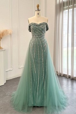 Charming Strapless Beading Mermaid Evening Dress Dubai Tulle Party Gown with Sweep Train