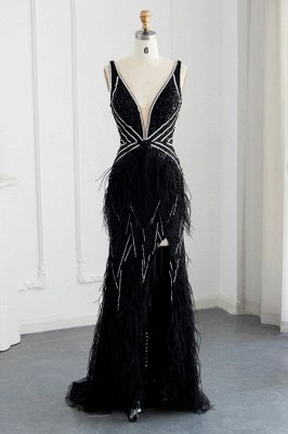 Gorgeous Deep Double V-Neck Mermaid Front Slit Evening Gowns Feathers Luxury Dubai Party Gown_1