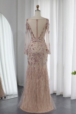 Elegant Scoop Neck Long Sleeves Front Slit Evening Dress Glitter Sequins Flower Fur Floor-Length Wedding Party Dress_5