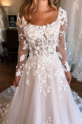 Square neck long sleeves a-line lace wedding dress_2