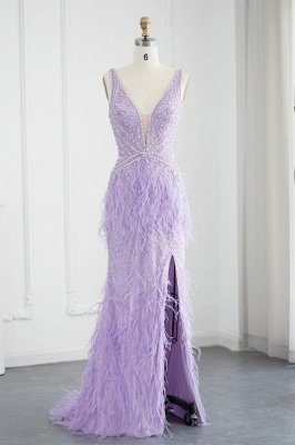 Gorgeous Deep Double V-Neck Mermaid Front Slit Evening Gowns Feathers Luxury Dubai Party Gown_5