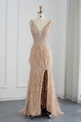 Gorgeous Deep Double V-Neck Mermaid Front Slit Evening Gowns Feathers Luxury Dubai Party Gown_10
