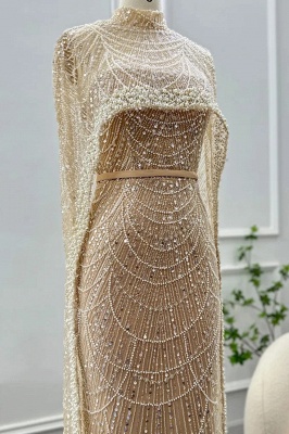 Pérolas de luxo Dubai ver através do vestido de noite mangas capa champanhe sereia vestido de festa de casamento_4