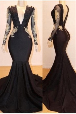 Long sleeves V-neck Black Prom Dresses with Gold Appliques_1