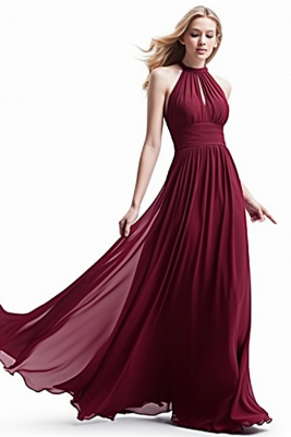 Halter Chiffon Purple Pleats A-line Evening Dresses_5