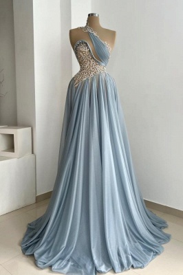 One shoulder Dusty Blue Empire Floor length Evening Dresses_1