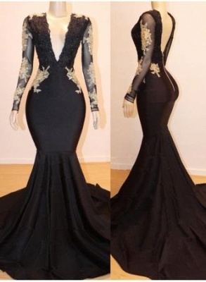 Long sleeves V-neck Black Prom Dresses with Gold Appliques_2