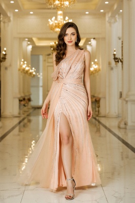 Asymmetrical Beadings Side Slit Prom Dress Sleeveless Tulle Floor Length Party Dress