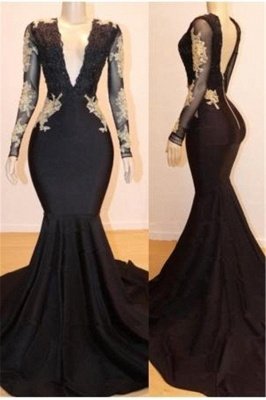 Long sleeves V-neck Black Prom Dresses with Gold Appliques