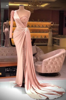 Blushing Pink High Split Long sleeves one shoudler Prom Dresses