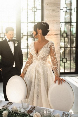 Long sleeves V-neck Pricess Ivory Wedding Dresses