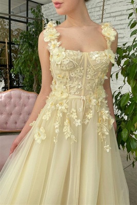 Square neck Yellow Tulle Long Prom Dresses with Lace Appliques_2