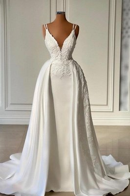 V-neck Ivory A-line Wedding Dresses with Overskirt