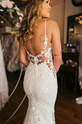 V-neck Lace Mermaid White Elegent Wedding Dresses_4