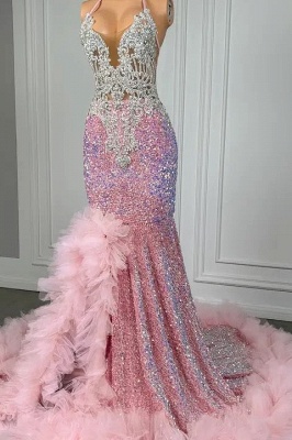 Pink Mermaid Sequin Ruffles Split Prom Dresses_2