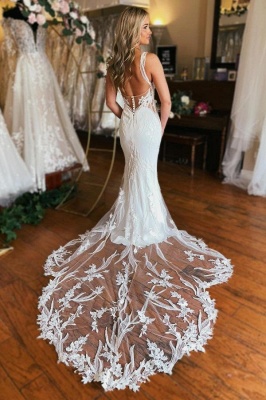 Белые кружевные свадебные платья русалки с V-образным вырезом и лямками_2