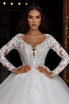 Кружевное белое бальное платье с длинными рукавами Свадебные платья