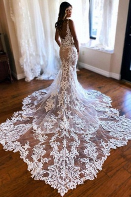Длинные свадебные платья с v-образным вырезом и кружевом в форме русалки_2