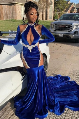 Cool shoulder High neck Keyhole Royal Blue Velvet Prom Dresses
