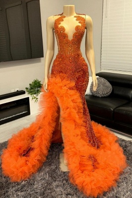 Sexy Crew Neck Sleeveless Orange Beadings Mermaid Prom Dress Side Slit Floor Length Tulle Evening Dress