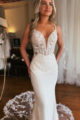 Straps V-neck White Lace Mermaid Wedding Dresses_3