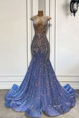 Stunning V-Neck Glitter Crystals Mermaid Prom Dress Sleeveless Long Party Dress