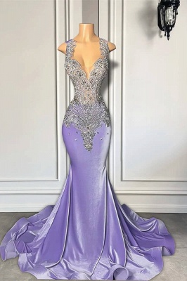Lavender Silver Beaded Mermaid satin Long Prom Dresses