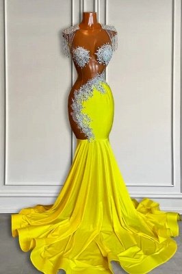 Gelbe Meerjungfrau-Abschlussballkleider mit silbernen Perlen