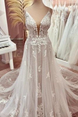 V-neck A-line Lace Sleeveless Wedding Dresses
