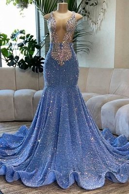 Lavender Sequin Mermaid Silver Beaded Prom Dresses