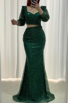 Long sleeves Bubble Sleeves Dark Green Floor length Prom Dresses