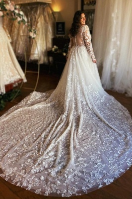 Long sleeves White Lace V-neck Plus Size Wedding Dresses_2